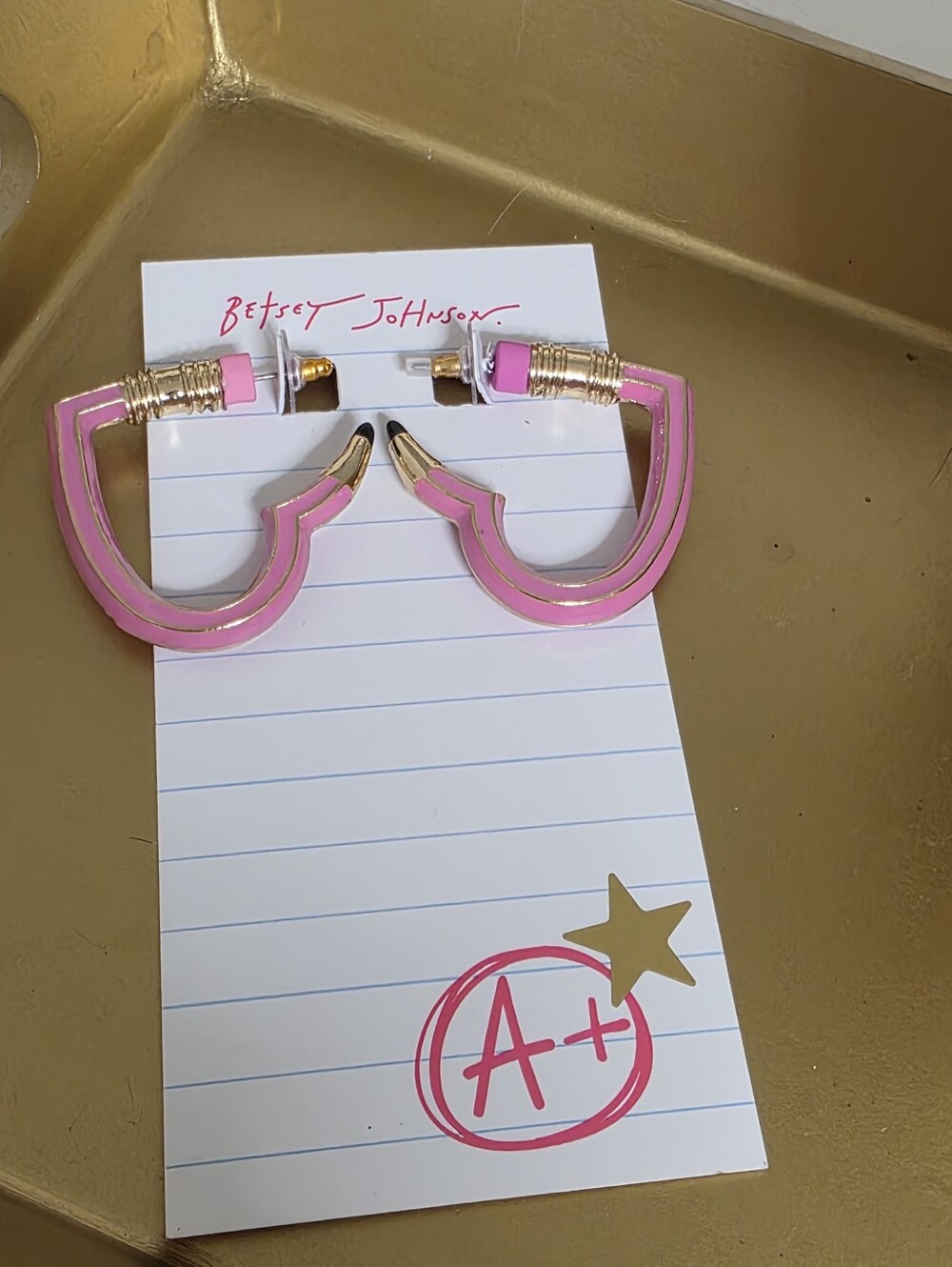 Betsey Johnson Pink and Gold Enamel Pencil Hoop Earrings